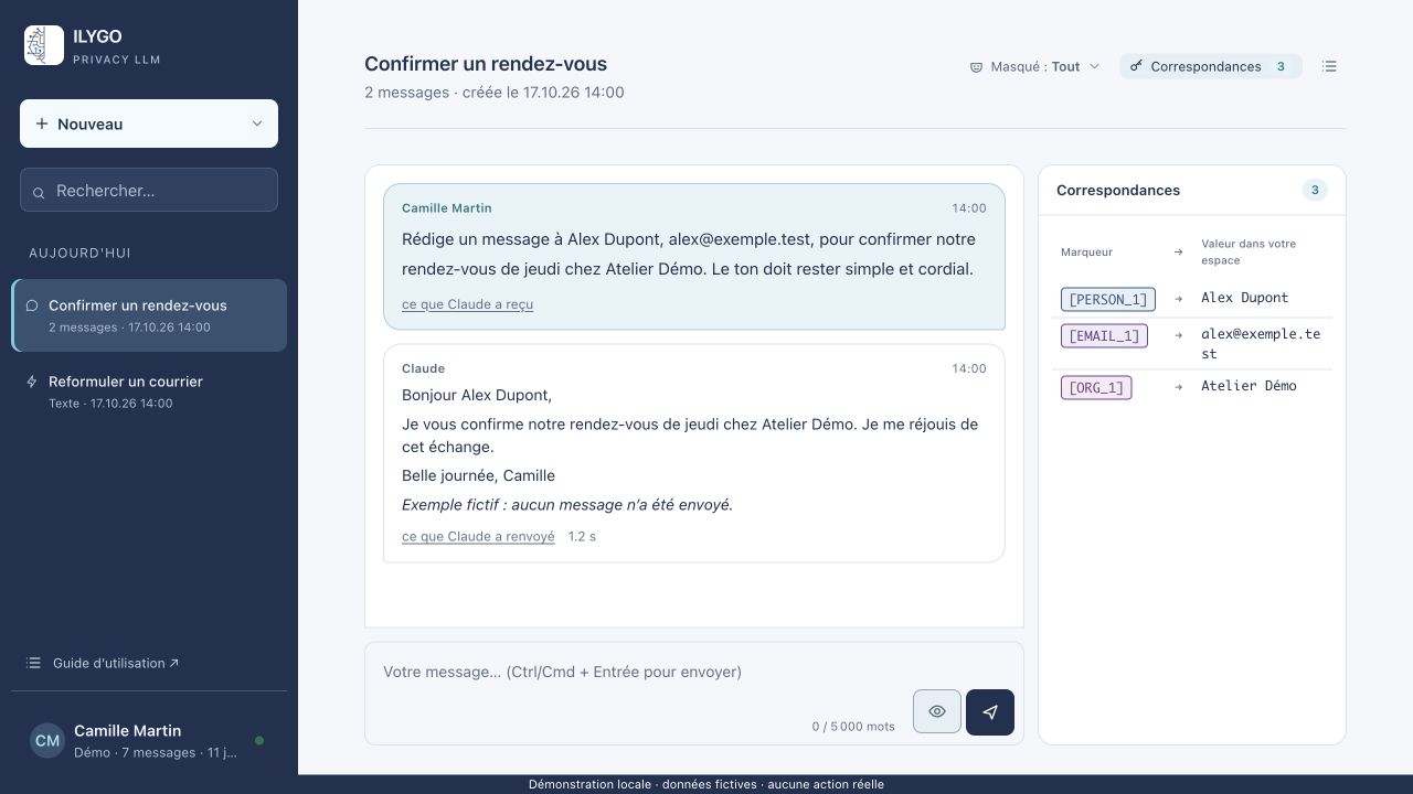 Conversation fictive dans ILYGO Privacy LLM : le fil de discussion et les correspondances des trois données remplacées.