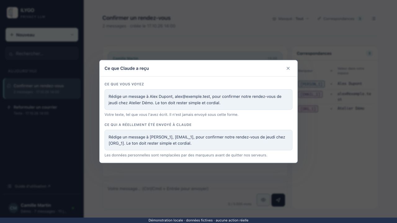 Fenêtre « Détails de votre message » : en haut, le message tel que vous l'avez écrit avec le nom, l'e-mail, le téléphone et l'IBAN en clair ; en dessous, ce qui a réellement été envoyé au modèle choisi, où chaque donnée est remplacée par un marqueur.
